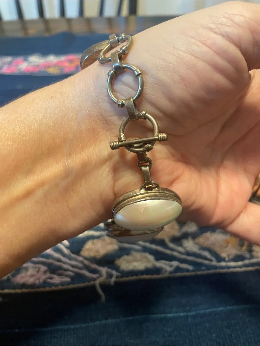 Vintage Sterling Silver Mother of Pearl Graduated Panel Link Bracelet 925